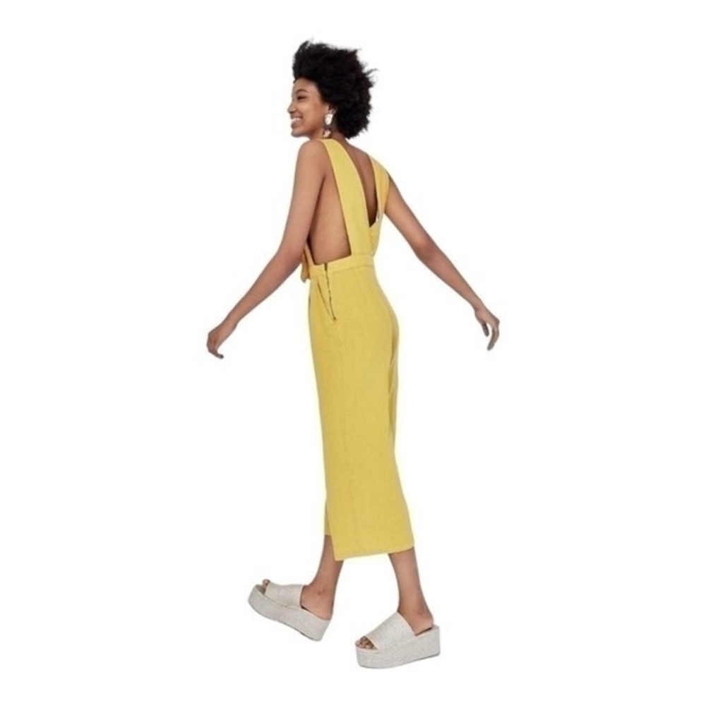 ZARA Gold Ruffled Jumpsuit XS/S Sleeveless Cropped Linen Cotton Zip Side VG - Picture 4 of 13